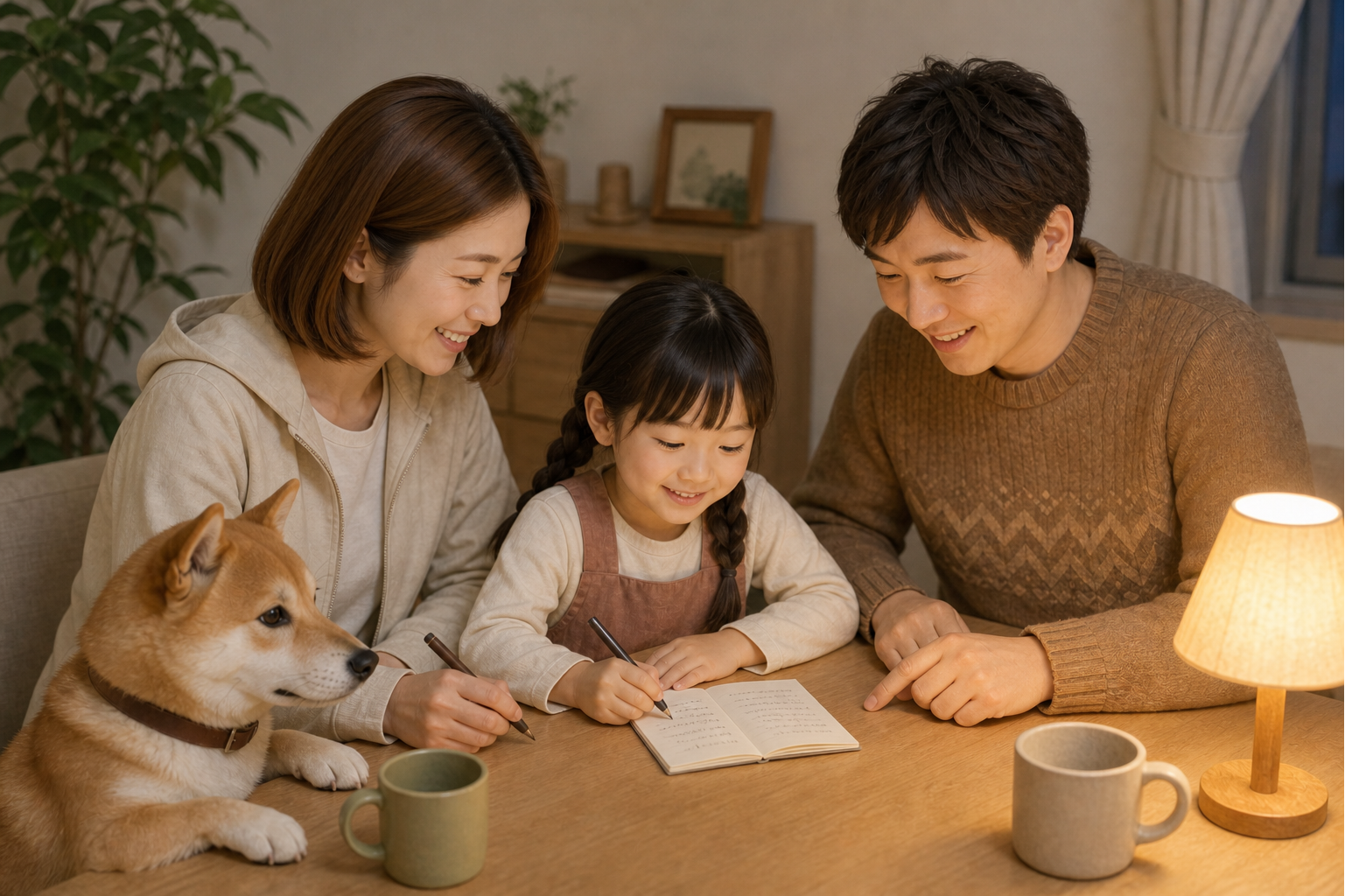 夜、家族で手帳を書く